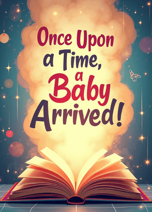 Fantasy new baby card on a dark starry background with bokeh lights and hanging star ornaments, an open hardcover book at the bottom glowing with warm golden light, bold cream and deep red text reading Once Upon a Time a Baby Arrived, a small butterfly floating near the text