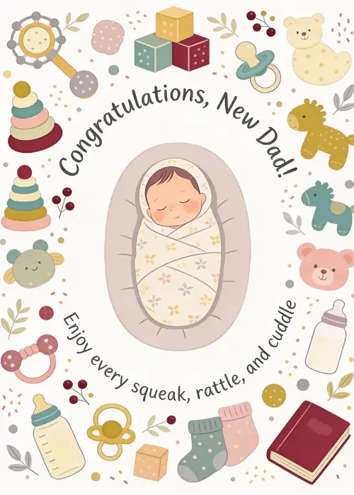 Cream background with a swaddled sleeping newborn in a yellow star blanket at the center, surrounded by a circular arrangement of illustrated baby items including blocks, bottles, a teddy bear, rubber duck, and baby booties, with congratulations new dad text