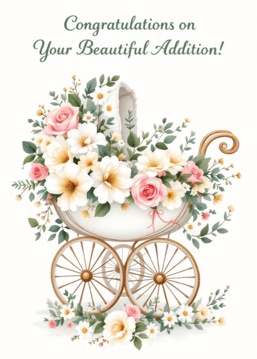 Watercolor-style new baby card on a clean white background showing an ornate golden-wheeled vintage baby pram overflowing with pink roses white daisies cream blooms and green foliage with a pink ribbon bow, elegant green script above reading Congratulations on Your Beautiful Addition