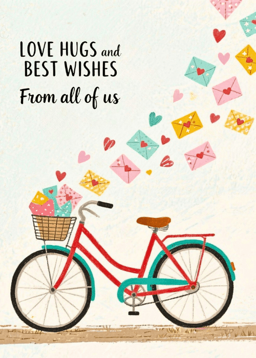 Illustrated teal bicycle with a flower basket and colorful heart-shaped envelopes floating upward with Love Hugs and Best Wishes From All of Us text