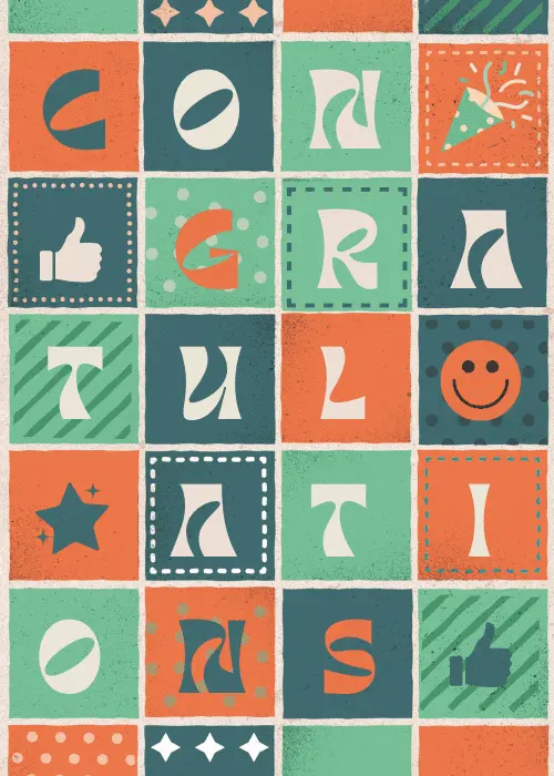 Bold retro grid of orange, teal and mint square tiles spelling CONGRATULATIONS letter by letter, with icon tiles showing a thumbs-up, smiley face, party popper and star, textured vintage feel