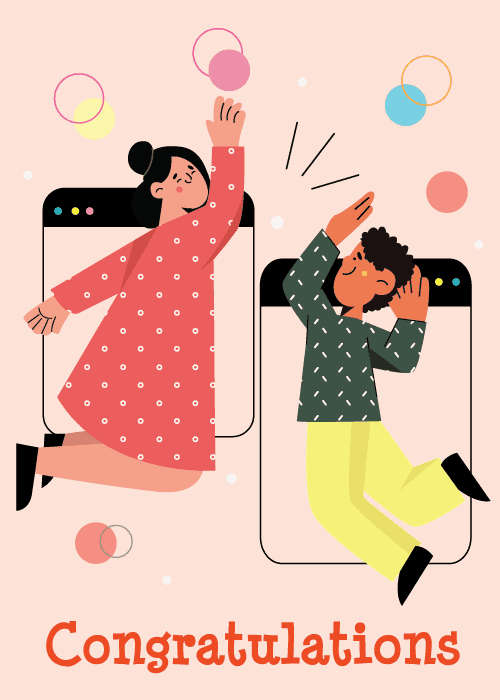 Two illustrated people jumping out of browser windows attempting a virtual high five with floating circles on a peach background and Congratulations text