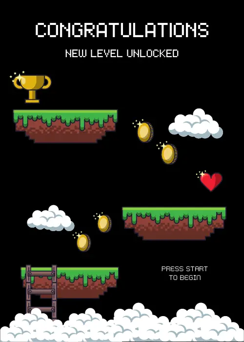 Retro 8-bit video game scene with pixel platforms, gold coins, a trophy, and a heart with Congratulations New Level Unlocked text on a black background