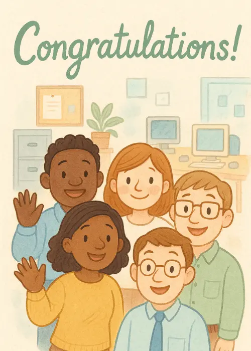 Illustrated congratulations card on a warm cream and yellow background with four diverse characters smiling and waving together in a cozy home interior with a potted plant and framed pictures on the wall, bold green rounded text at the top reading Congratulations
