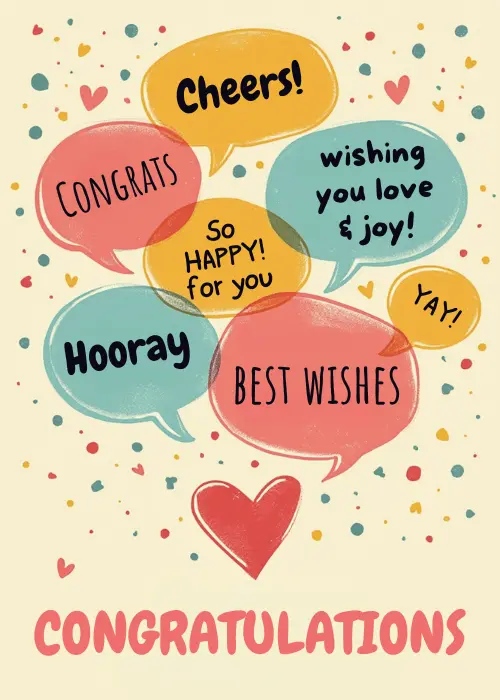Colorful speech bubbles in yellow, teal, and coral containing celebratory words like Cheers, Congrats, and Hooray with confetti and a red heart on a cream background