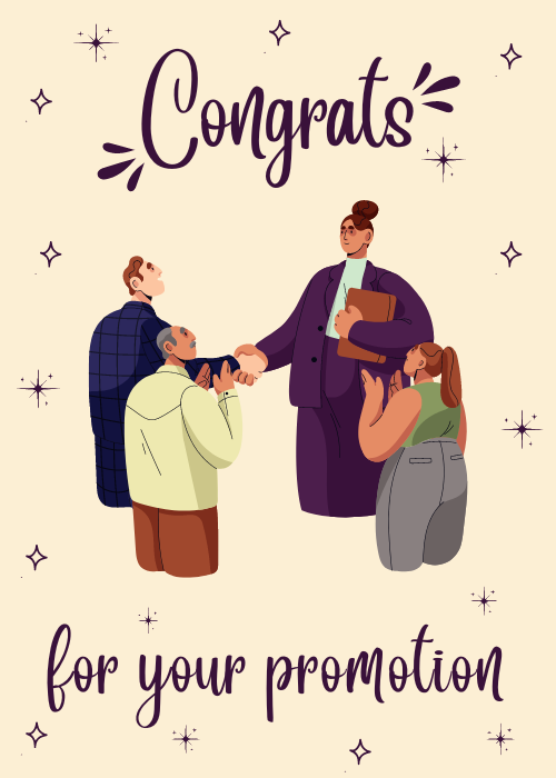 Promotion congratulations card with two illustrated hands in a professional handshake on a clean minimalist background
