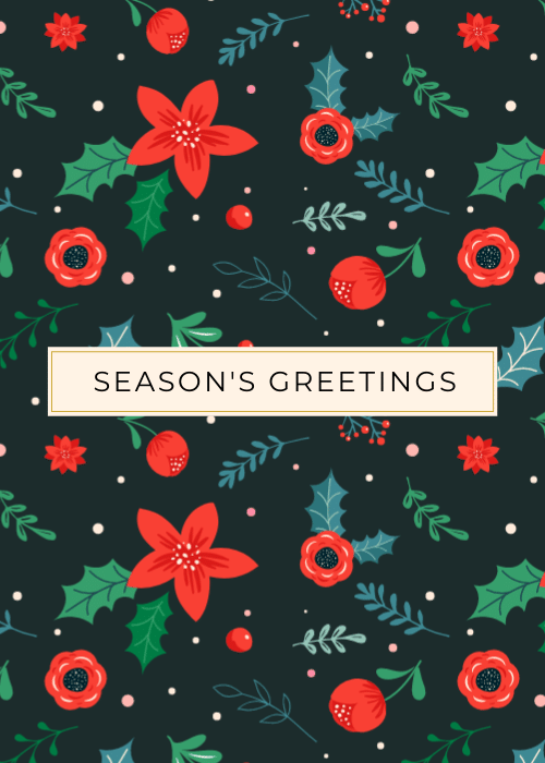 Repeating pattern of red poinsettias and green holly leaves with season's greetings text