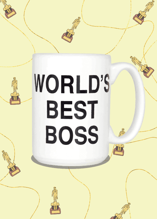 Large white World's Best Boss mug on pale yellow background with repeating pattern of gold award statuettes connected by swirling ribbon lines