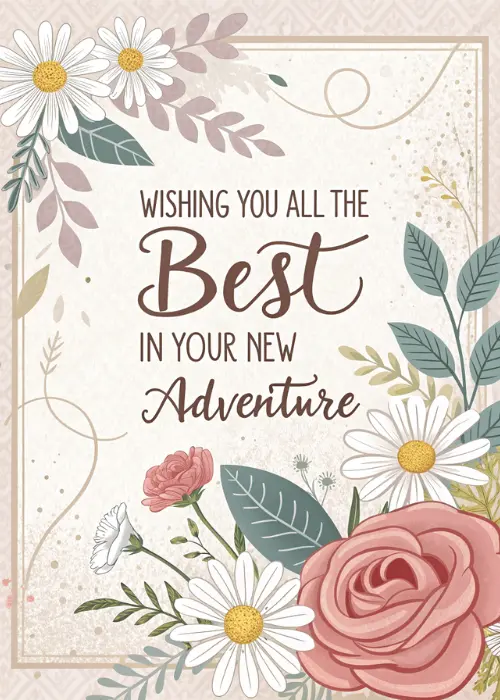 Floral farewell group card with roses daisies and foliage surrounding the message Wishing You All the Best in Your New Adventure