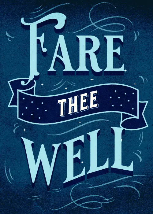 Dark teal blue farewell card with ornate hand-lettered typography reading Fare Thee Well with decorative swirls and a starry banner