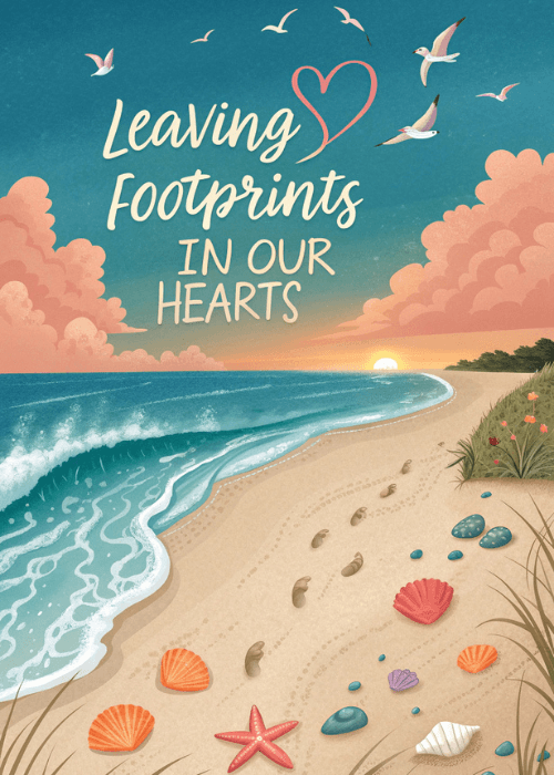 Illustrated beach sunset scene with footprints in the sand, seashells, a starfish, and flying birds with Leaving Footprints In Our Hearts text in warm golden and teal tones