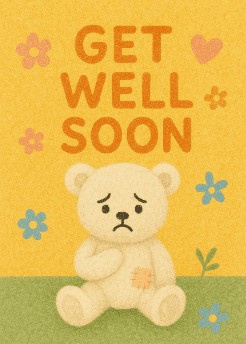 Get well soon card with illustrated sad teddy bear wearing a bandage on a bright yellow background