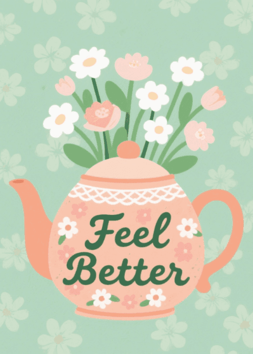 Soft mint green card with a large illustrated pink teapot decorated with white daisies and 'Feel Better' text