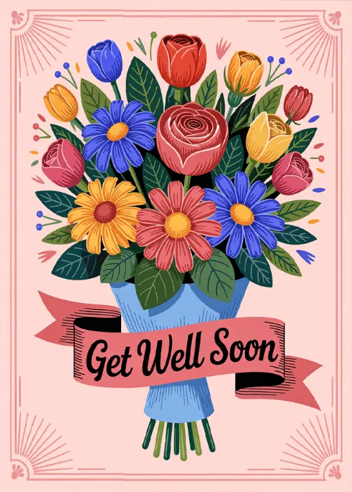 Lush illustrated bouquet of blue daisies, pink and red roses, yellow sunflowers, and orange tulips wrapped in blue paper with a pink ribbon banner reading Get Well Soon, framed by a decorative pink border with art deco corner accents