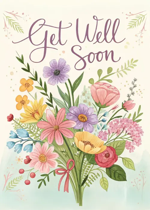 Watercolor floral bouquet with pink, orange, purple, and yellow flowers and green leaves with Get Well Soon in elegant script on a cream background