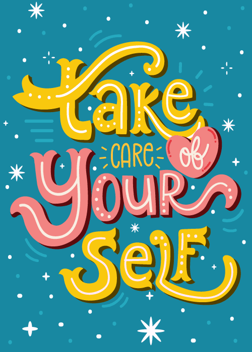 Teal get well card with bold retro yellow and pink lettering Take Care of Yourself surrounded by sparkle stars and white dots