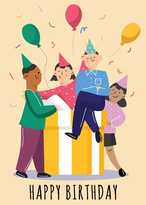 Diverse illustrated people in colorful party hats gathered around a large yellow striped gift box with balloons and confetti on a soft pastel beige background with bold text reading Happy Birthday