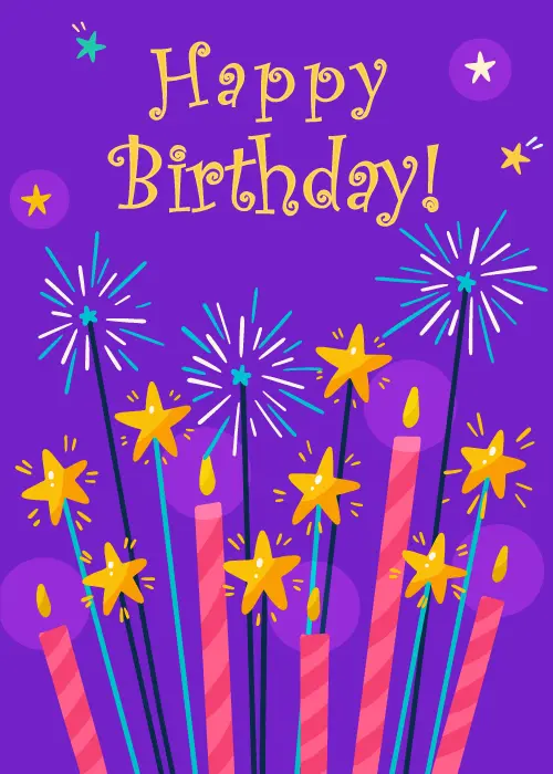 Illustrated pink and coral birthday candles with yellow flames rising alongside teal sparkler bursts and golden star shapes on sticks against a vibrant purple background with scattered green and yellow stars, yellow and teal script reading Happy Birthday