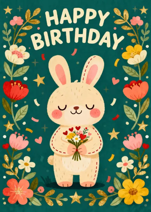 Cute illustrated bunny holding a flower bouquet surrounded by colorful folk-art flowers and leaves with Happy Birthday text on a dark green background