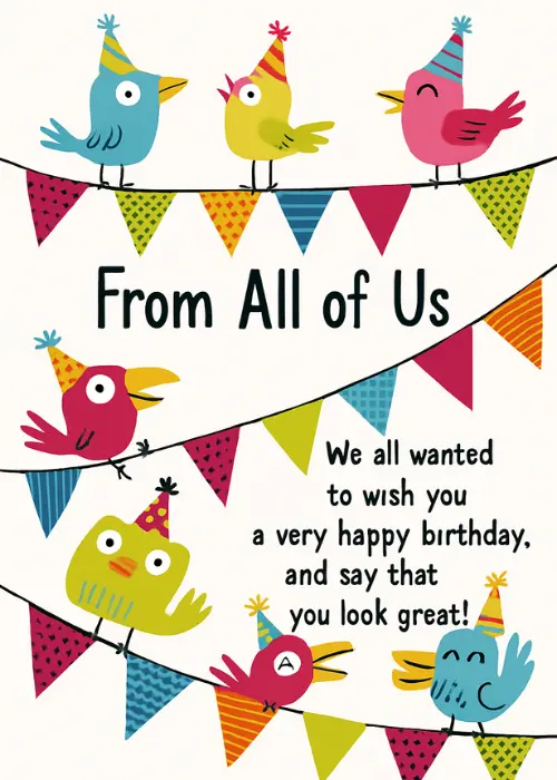 Colorful illustrated birds perched on party bunting flags with From All of Us birthday greeting on a white background