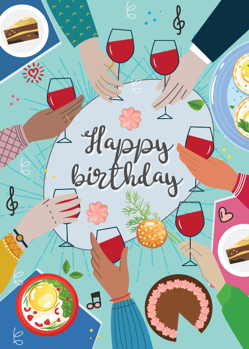 Top-down view of diverse illustrated hands toasting red wine glasses around a teal dinner table with Happy Birthday in cursive script at center, food plates and cake visible