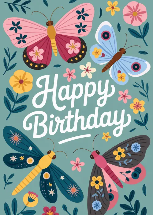 Birthday card on deep teal green background with four large ornate illustrated insects including pink rose butterfly blue spotted butterfly golden yellow dragonfly and floral dark moth surrounding central bold white Happy Birthday script