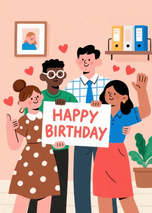 Four diverse illustrated office colleagues holding a white Happy Birthday placard together in an office with a framed photo binders on a shelf a plant and red hearts floating around