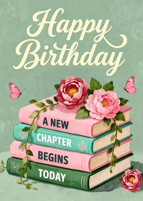 Stack of colorful vintage books decorated with pink roses and butterflies with Happy Birthday script and A New Chapter Begins Today banner on a mint green background