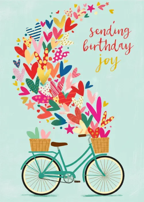 Illustrated teal bicycle with baskets overflowing with colorful flowers and gifts with hand-lettered Sending Birthday Joy text on an aqua background