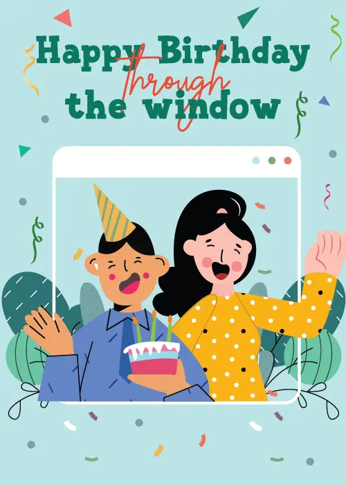 Illustrated couple celebrating birthday through a browser video window with cake party hats and confetti on teal background