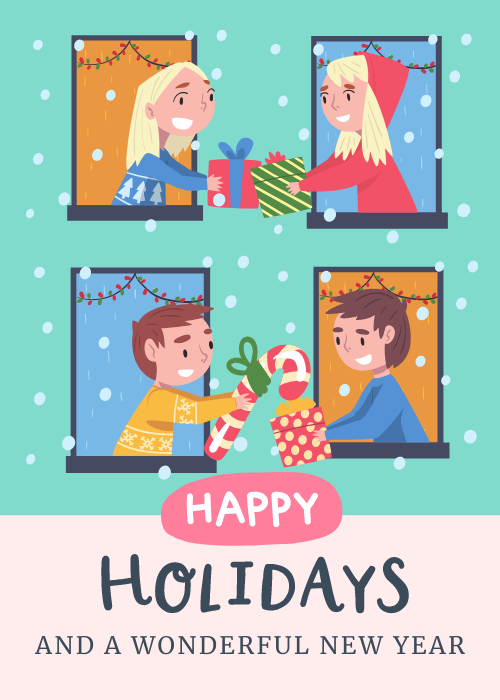 Happy holidays office group ecard with warm festive illustrated design featuring seasonal holiday elements in a warm inclusive workplace celebration composition