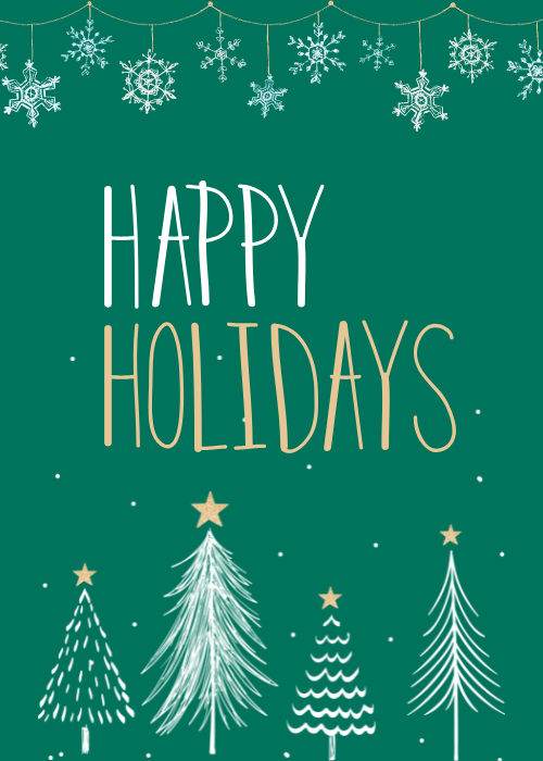 Happy holidays greeting card with peaceful illustrated winter forest scene featuring snow-covered pine trees and soft winter light in a serene nature holiday composition