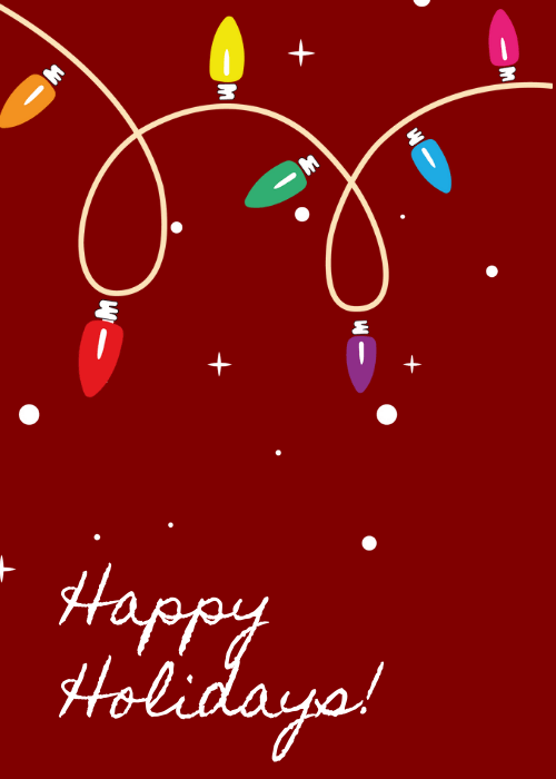 Looping string of colorful Christmas lights on a deep red background