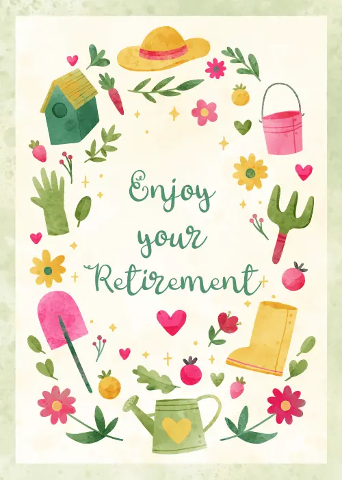 Watercolor gardening icons surrounding enjoy your retirement text