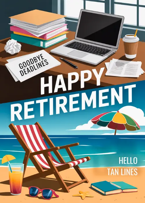 Split illustration with office scene showing laptop books and coffee at top and beach scene with striped deck chair colorful umbrella sunglasses and cocktail at bottom, text reading Goodbye Deadlines Happy Retirement Hello Tan Lines