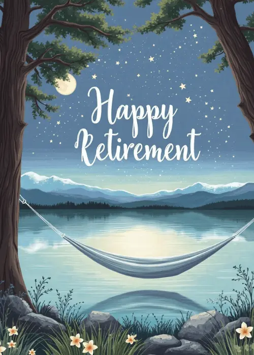 Illustrated retirement card with a hammock strung between trees over a calm moonlit lake with blue mountains, stars, and white flowers at the base