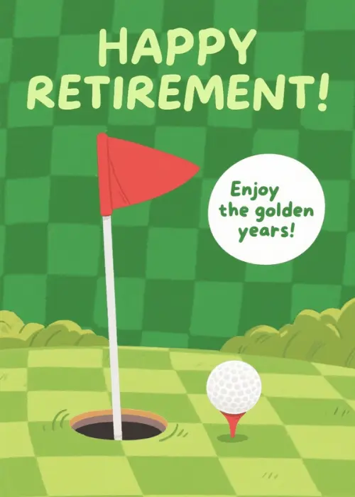 Green checkered golf course card with a red flag pin, golf ball, and bold 'HAPPY RETIREMENT!' text