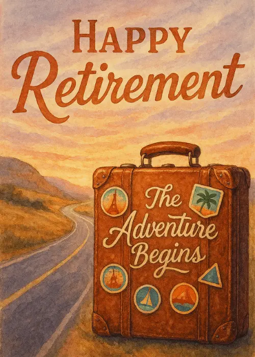 Retirement card with vintage illustrated travel suitcase on an open road at sunset celebrating a new adventure ahead