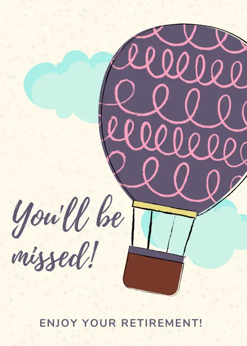 Retirement card with colorful illustrated balloons floating around You Will Be Missed lettering on a bright festive background
