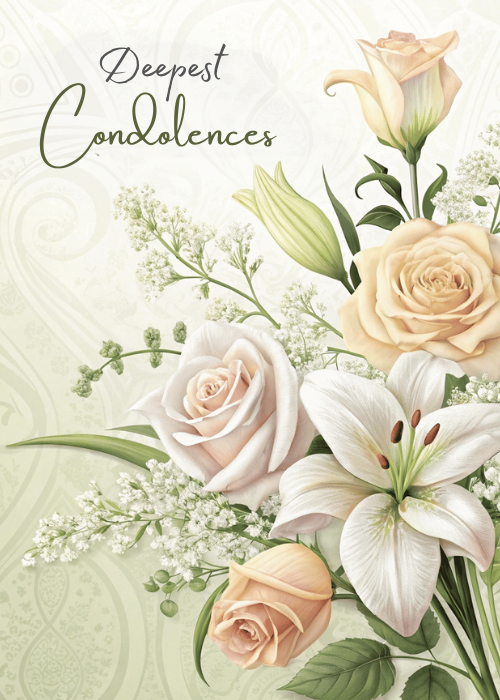 Watercolor arrangement of white lilies, peach roses, and baby''s breath on a soft sage green background with damask patterns and elegant script text reading Deepest Condolences