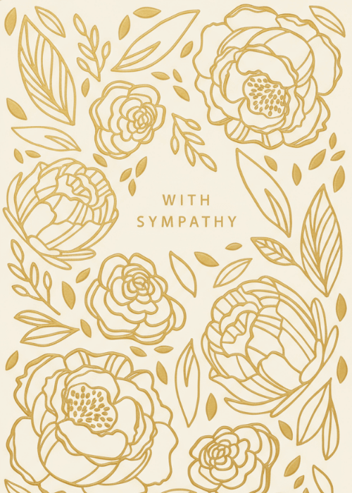 Sympathy card on soft cream background with large metallic gold outlined peony and rose blooms delicate gold leaves and botanical sprigs framing centered With Sympathy inscription