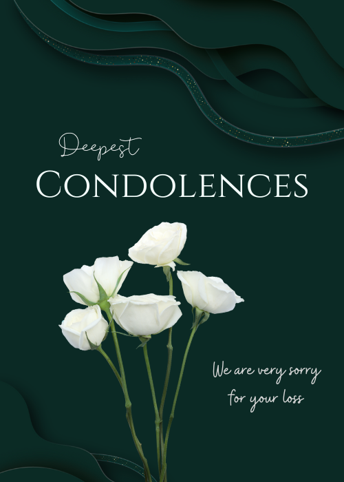 Elegant sympathy card on deep forest green background with layered wave texture a cluster of white roses and serif text Deepest Condolences above cursive We are very sorry for your loss