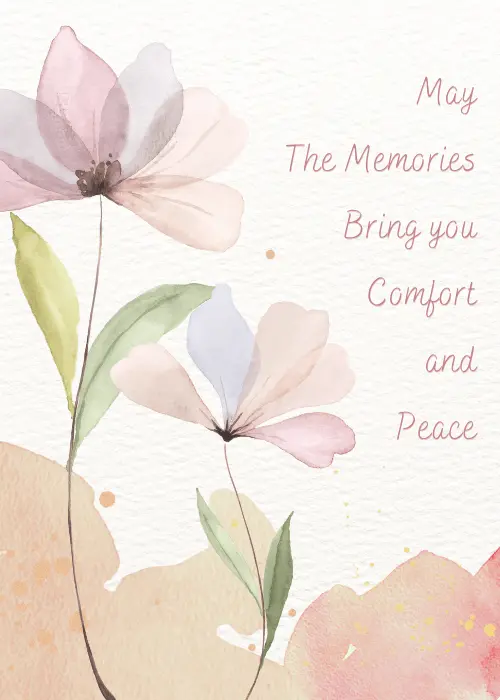 Delicate translucent watercolor flowers in soft pink and pale mauve on thin dark stems against a clean white background with a warm peach watercolor wash at the base, light grey italic script reading May The Memories Bring You Comfort And Peace