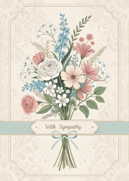 Elegant vintage sympathy card with a large hand-illustrated bouquet of roses, daisies, and wildflowers tied with a blue ribbon on a cream damask background; text reads With Sympathy