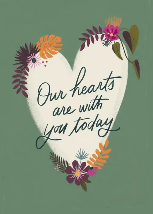 Sympathy card on deep sage green background with large cream heart shape bordered by rich illustrated botanicals including tropical leaves purple pink orange and autumn flowers with Our Hearts Are With You Today brush script inside