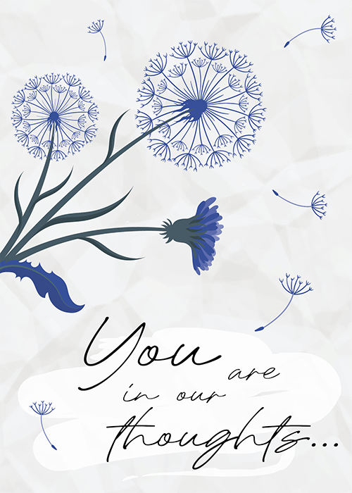 Blue dandelion silhouettes on a soft textured background with sympathy text