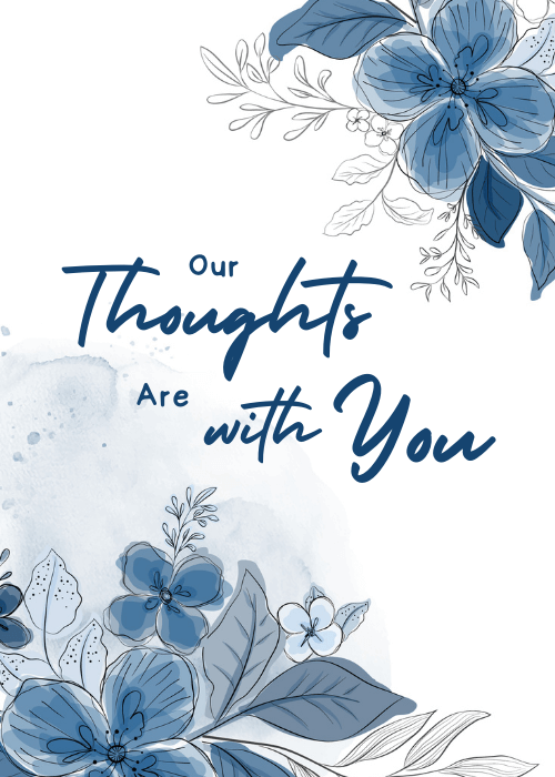 Blue watercolor flowers and foliage with thoughts are with you text