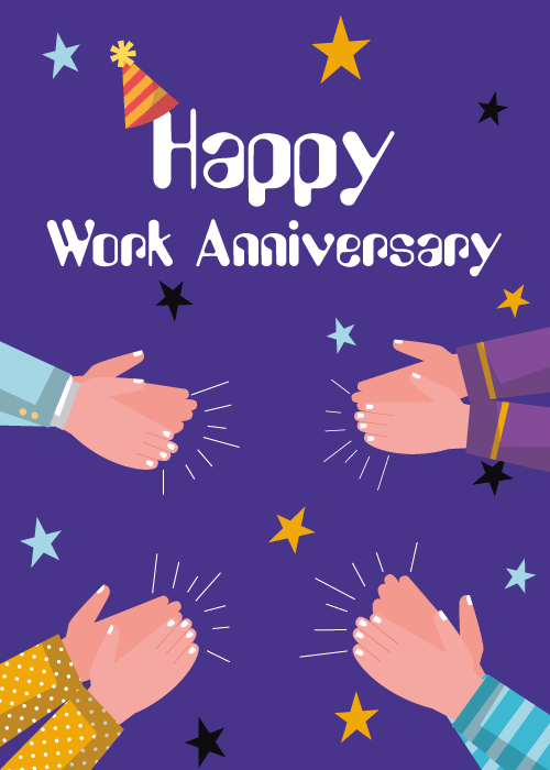Four pairs of illustrated clapping hands reaching in from the edges of a vibrant purple background with colorful stars and a party hat, with white text reading Happy Work Anniversary