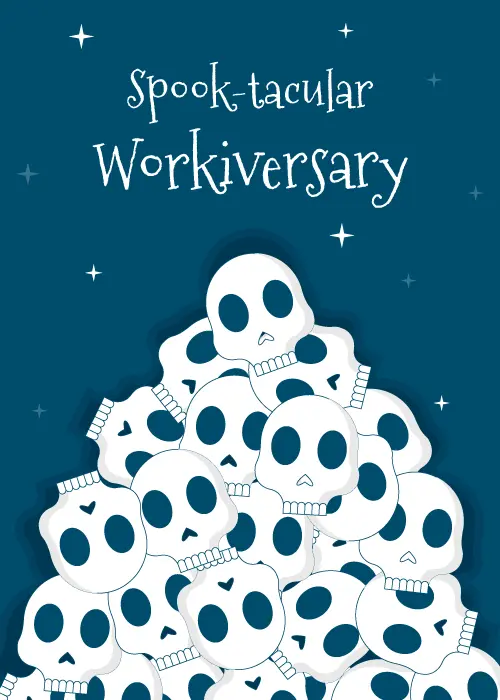 Pile of cute white illustrated skulls stacked in a pyramid shape on a dark teal-blue background with sparkle stars and hand-lettered text reading Spook-tacular Workiversary