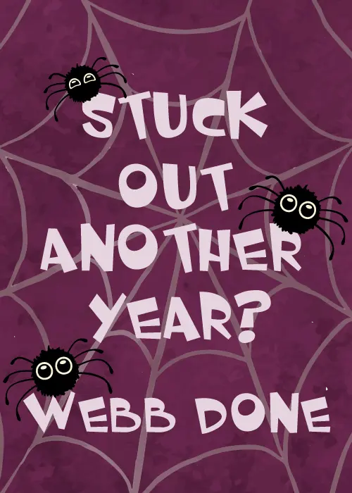 Three cute cartoon spiders with large white eyes sitting on a grey spider web on a deep purple textured background with bold white text reading Stuck Out Another Year Webb Done
